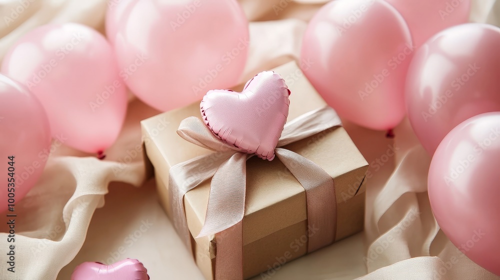 A dreamy arrangement of pink heart-shaped balloons next to a thoughtfully wrapped gift box with a charming bow symbolizes the essence of romance and connection A dreamy arrangement of pink heart-shaped balloons next to a thoughtfully wrapped gift box with a charming bow symbolizes the essence of romance and connection