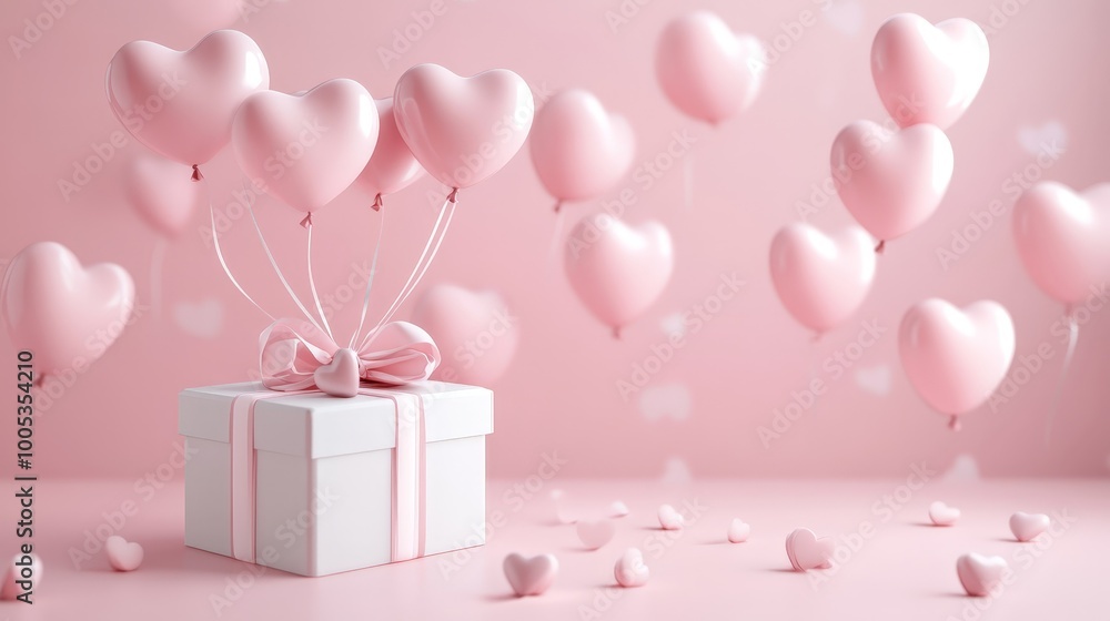 A dreamy backdrop of pink heart-shaped balloons and a gift box with a charming bow evokes feelings of affection, making it ideal for celebrating love and connection A dreamy backdrop of pink heart-shaped balloons and a gift box with a charming bow evokes feelings of affection, making it ideal for celebrating love and connection
