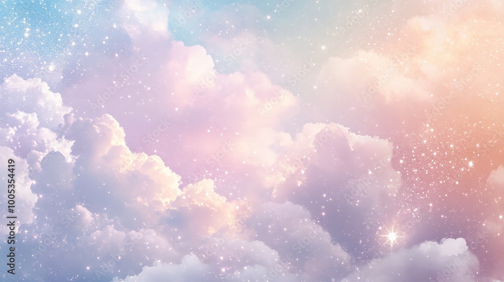 A dreamy sky filled with pastel clouds and twinkling sparkles. The soft ...