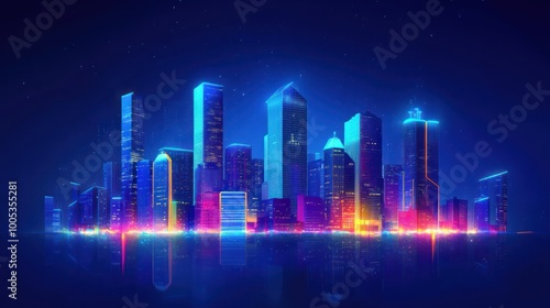 A vibrant, futuristic city skyline illuminated in neon colors against a dark background.