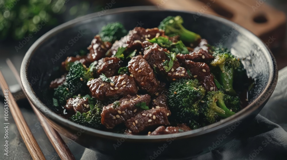 Delicious beef and broccoli dish in a bowl Delicious beef and broccoli dish in a bowl