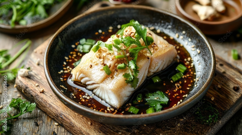 Delicious dish with fish and herbs Delicious dish with fish and herbs