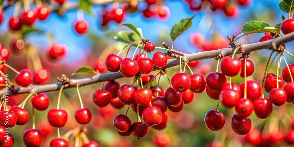 Red berries of Japanese cherry on a branch Red berries of Japanese cherry on a branch