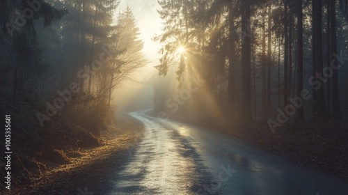 Majestic Sunrise on a Rainy Road in the Forest