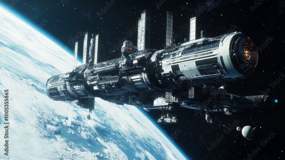 A futuristic space station orbits Earth, featuring advanced technology and design elements that cater to the needs of space explorers and scientists A futuristic space station orbits Earth, featuring advanced technology and design elements that cater to the needs of space explorers and scientists