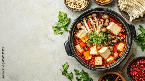Delicious hot pot with tofu and mushrooms.