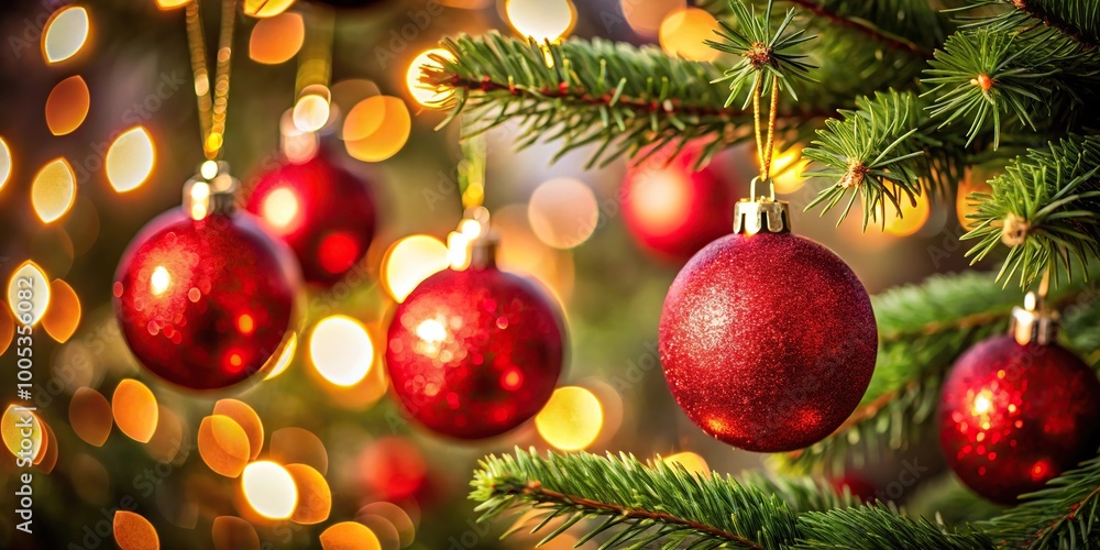 Fototapeta premium Red Christmas ornaments on tree with bokeh lights Macro