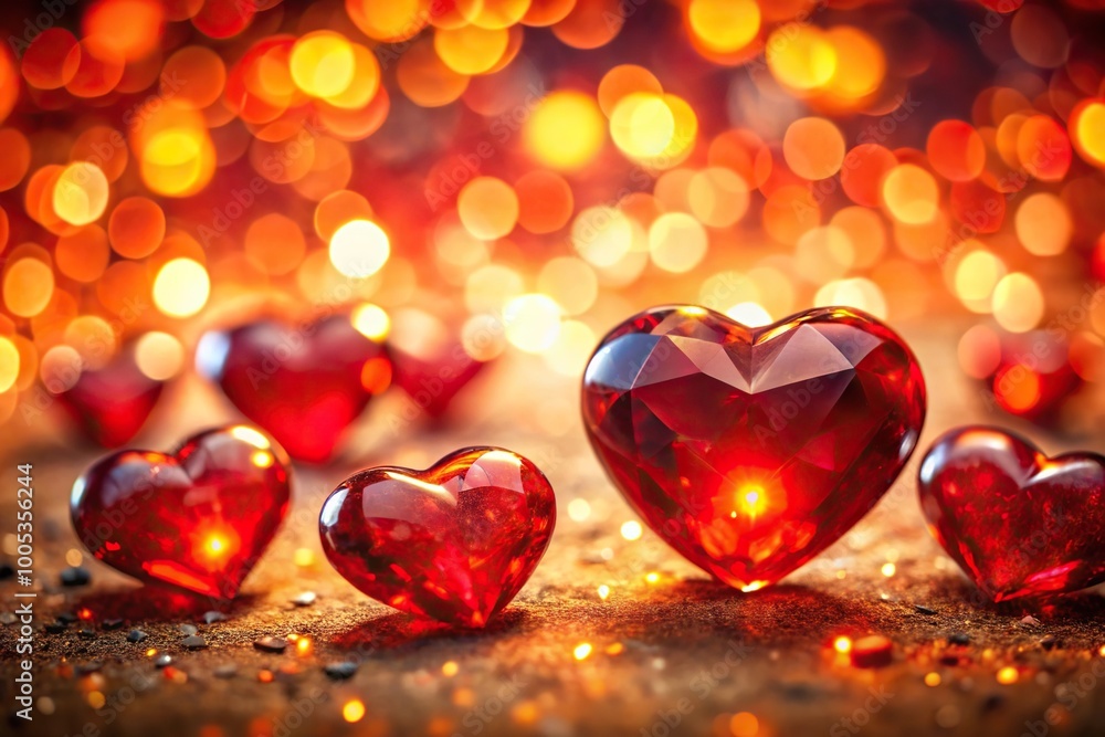 red crystal hearts with a fisheye lens with dynamic bokeh and warm glow background red crystal hearts with a fisheye lens with dynamic bokeh and warm glow background