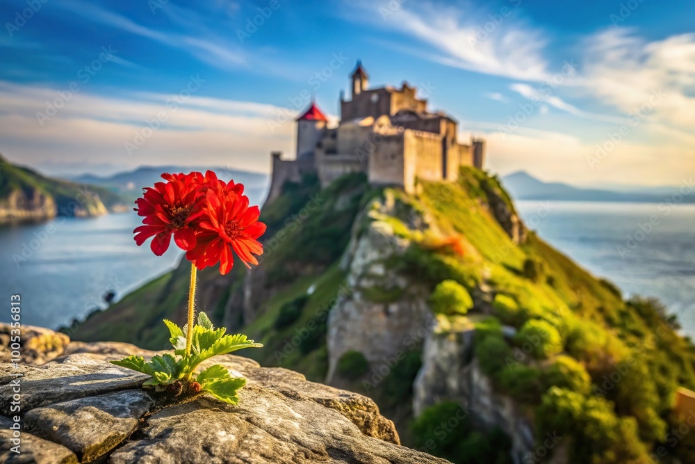 Red flower with castle on rock background Bird Eye View Red flower with castle on rock background Bird Eye View