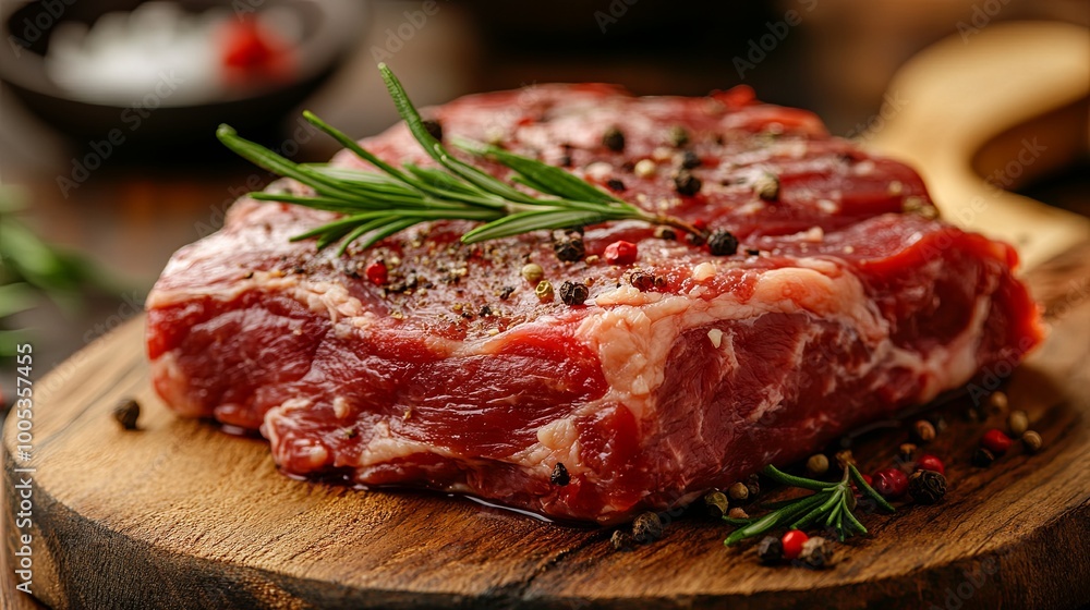 Raw beef steak with rosemary and peppercorns on wooden cutting board. Raw beef steak with rosemary and peppercorns on wooden cutting board.