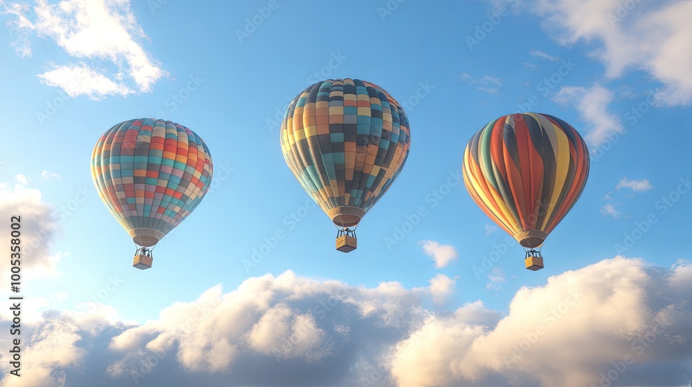 Three colorful hot air balloons flying high in a clear blue sky with white puffy clouds. Three colorful hot air balloons flying high in a clear blue sky with white puffy clouds.