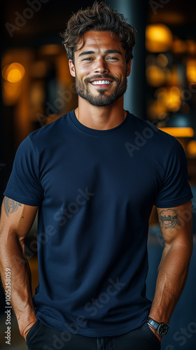 Male Model in Navy Polo T-Shirt with Contemporary Studio Backdrop