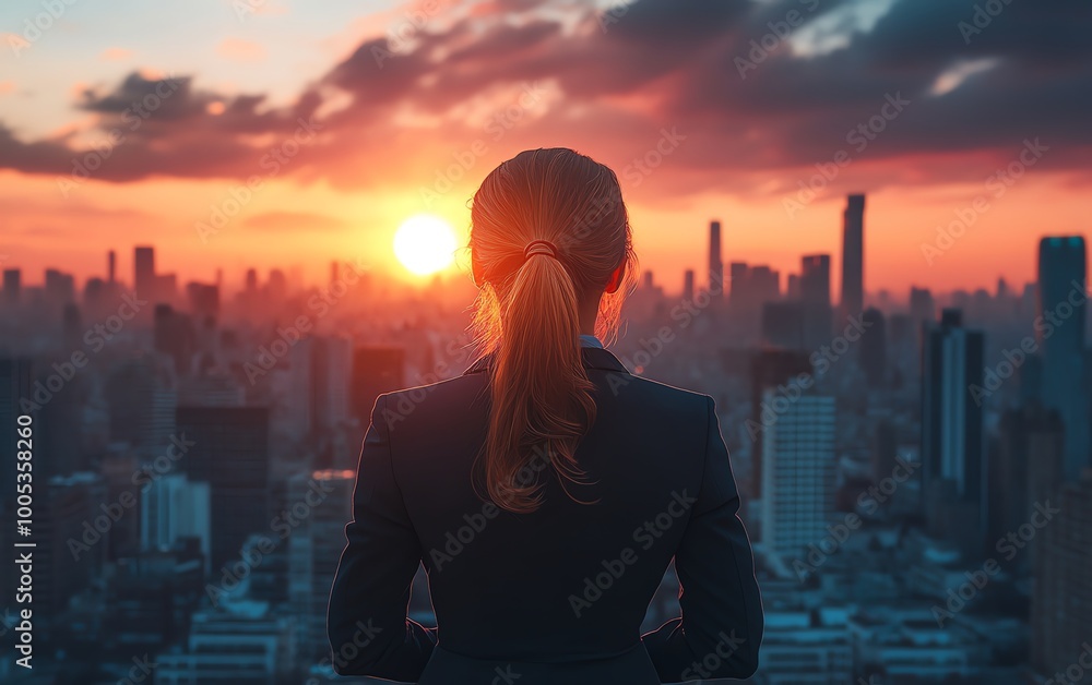Back view of a businesswoman in formal clothing admiring the city skyline and skyscrapers at sunset, with a dramatic sky, representing success Back view of a businesswoman in formal clothing admiring the city skyline and skyscrapers at sunset, with a dramatic sky, representing success