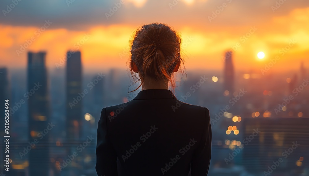 Fototapeta premium Back view of a successful businesswoman in formal clothing, looking at skyscrapers and the city skyline during a dramatic sunset, highlighting professional success