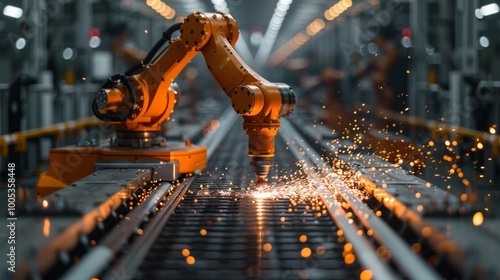 Wallpaper Mural Industrial robot arm with sparks flying from welding process. AI generative. . Torontodigital.ca