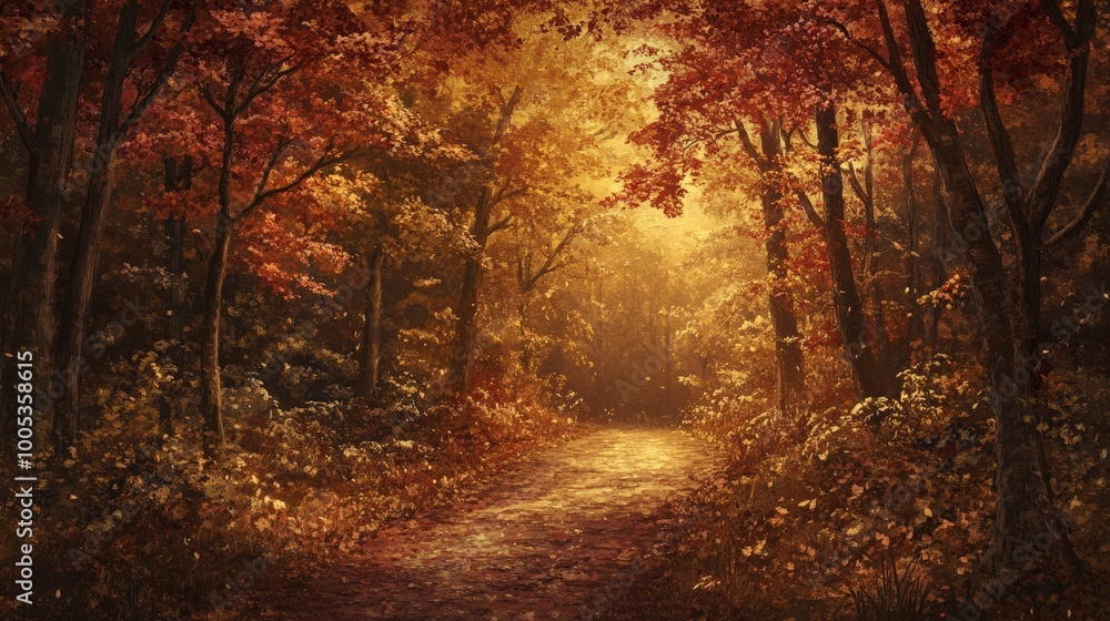 Obraz premium A magical autumn path in a serene forest, where the fiery hues of fall colors create an enchanting and peaceful setting for a relaxing walk