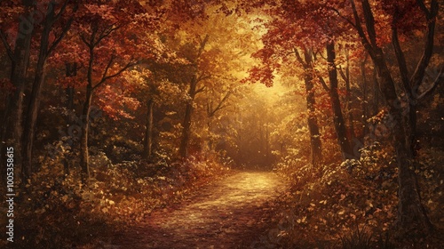 A magical autumn path in a serene forest, where the fiery hues of fall colors create an enchanting and peaceful setting for a relaxing walk