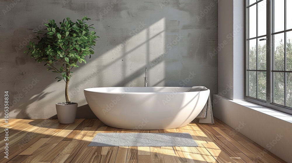 Fototapeta premium White bathtub in a bathroom with wood flooring, a potted plant, and a window. AI generative. .