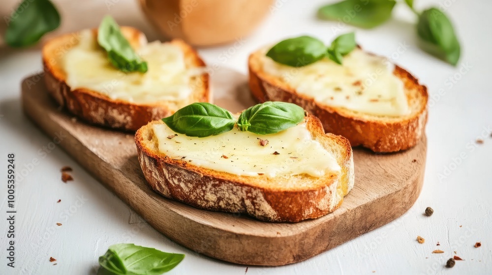 Toasted bread with melted cheese and fresh basil on a rustic white table, gourmet breakfast setup Toasted bread with melted cheese and fresh basil on a rustic white table, gourmet breakfast setup