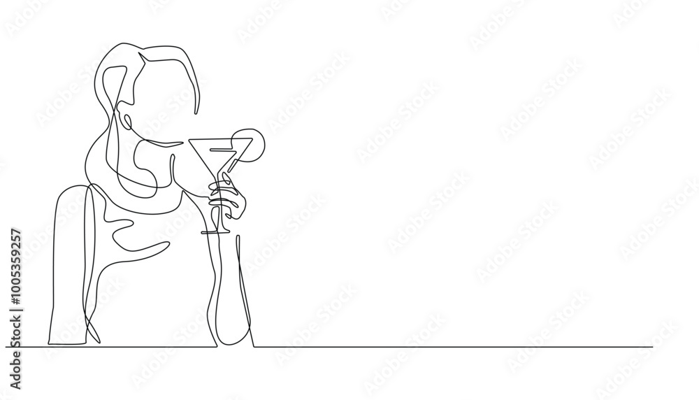 continuous line vector of woman enjoying a glass of cocktail.single line young woman holding a glass of cocktail.cocktail advertising concept one line drawing continuous line vector of woman enjoying a glass of cocktail.single line young woman holding a glass of cocktail.cocktail advertising concept one line drawing
