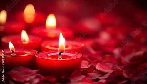 Background image of red candles with vibrant flames, creating a warm and romantic atmosphere, and enhancing a cozy, candlelit setting