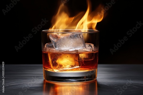 front view of old-fashioned glass with cold alcoholic drink and a piece of ice on steel bar surface and fire flame at it with generative ai