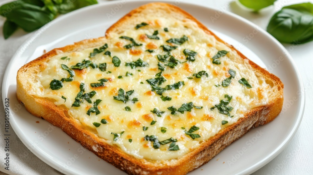 Toasted bread with melted cheese and fresh basil on a rustic white table, gourmet breakfast setup Toasted bread with melted cheese and fresh basil on a rustic white table, gourmet breakfast setup