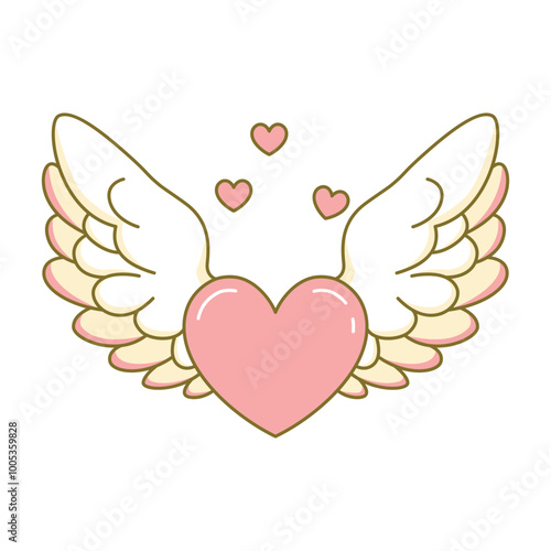 Cute Lovely Flying Love Heart Pink Angel Feather Wings in Heaven Sky