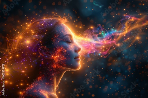 A woman's face is surrounded by glowing particles and colorful nebulae. AI generative. .