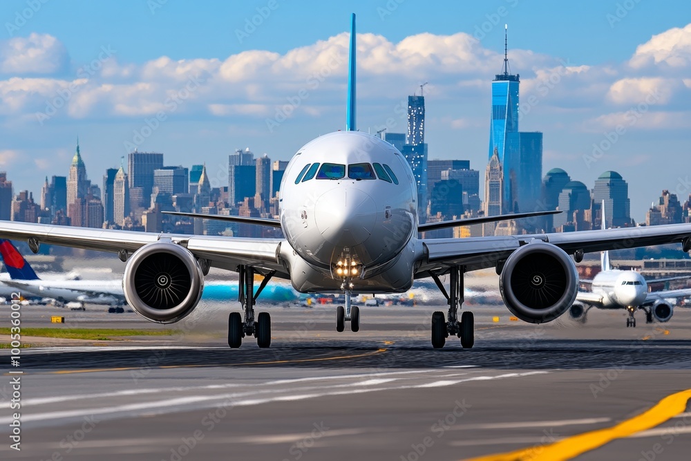 Fototapeta premium A massive urban metropolis airport, with planes taking off and landing while the skyline of the city rises in the distance.