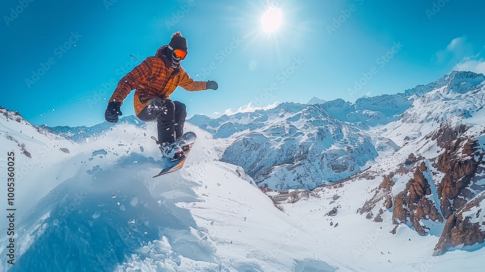 A snowboarder flies through the air above a snowy mountain range. AI generative. . A snowboarder flies through the air above a snowy mountain range. AI generative. .