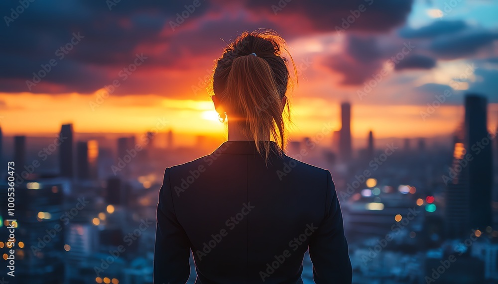 City skyline and skyscrapers seen from the back of an executive woman in formal attire, with a dramatic sunset sky, illustrating a successful businesswoman City skyline and skyscrapers seen from the back of an executive woman in formal attire, with a dramatic sunset sky, illustrating a successful businesswoman