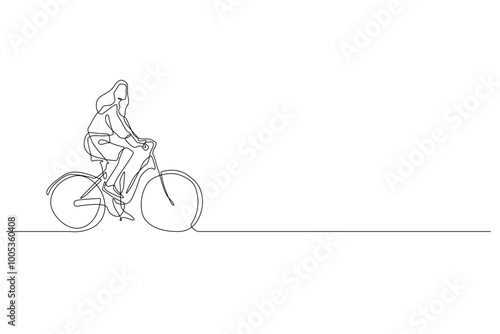 continuous line of woman riding a bicycle.single line of woman riding a bicycle in the city.woman riding a bicycle leisurely in one line drawing
