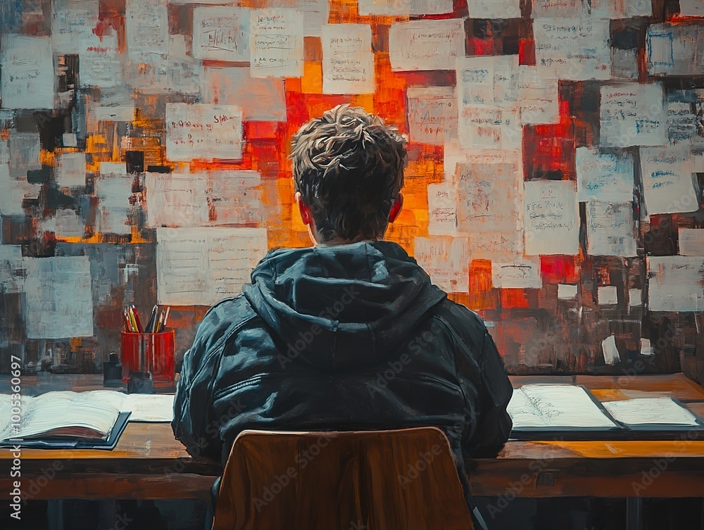 Man Sitting at Desk with Wall of Notes - Creative Inspiration Man Sitting at Desk with Wall of Notes - Creative Inspiration