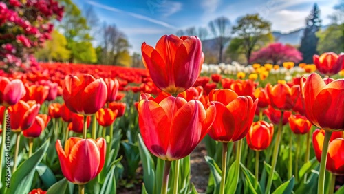 Red tulips in full bloom with colorful flower garden in background shot with Wide-Angle lens