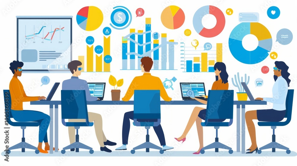 People at a meeting with charts, graphs, and laptops. AI generative. . People at a meeting with charts, graphs, and laptops. AI generative. .