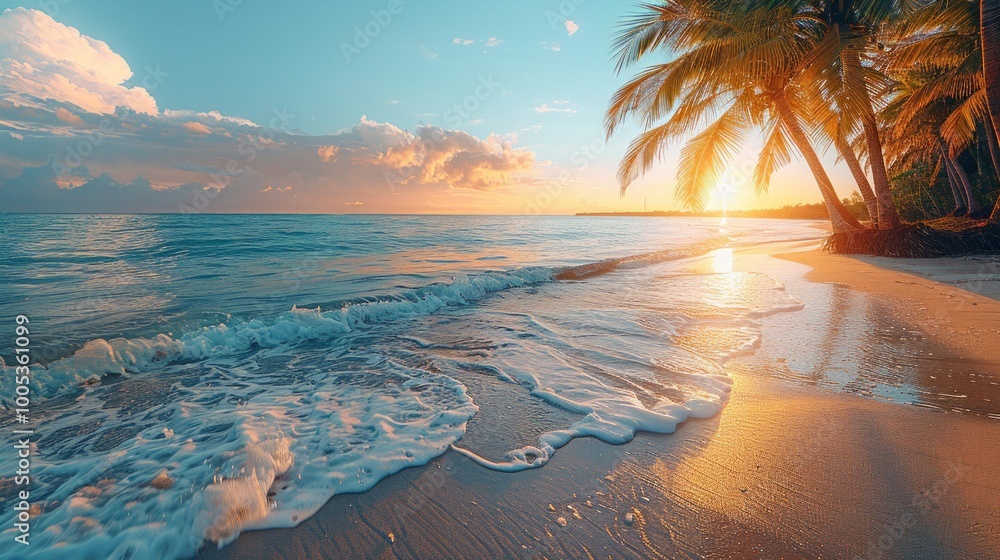 Φωτογραφία Golden sunset over the ocean with palm trees and foamy waves on the sandy beach
