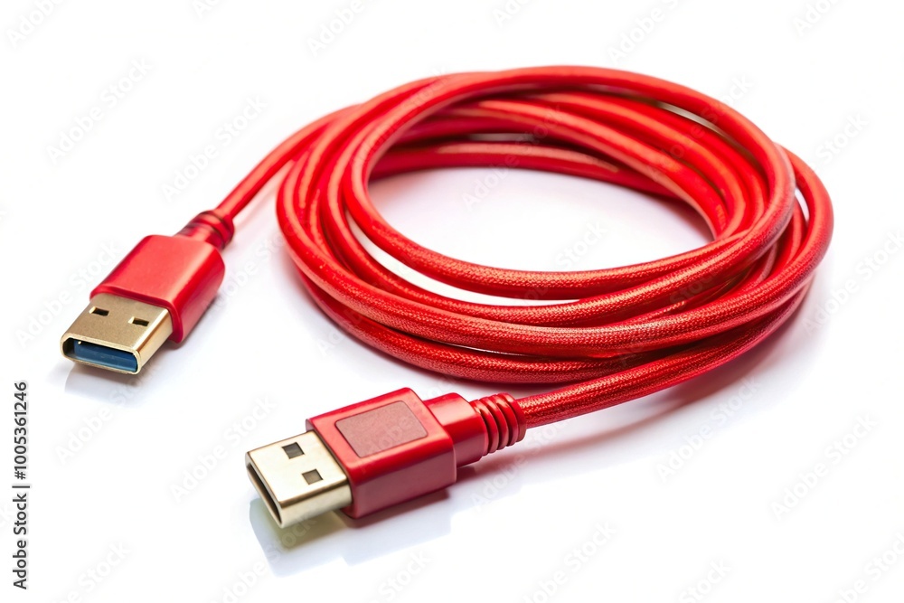 Red wire USB cable and adapter isolated on white background with selective focus and reflection Red wire USB cable and adapter isolated on white background with selective focus and reflection