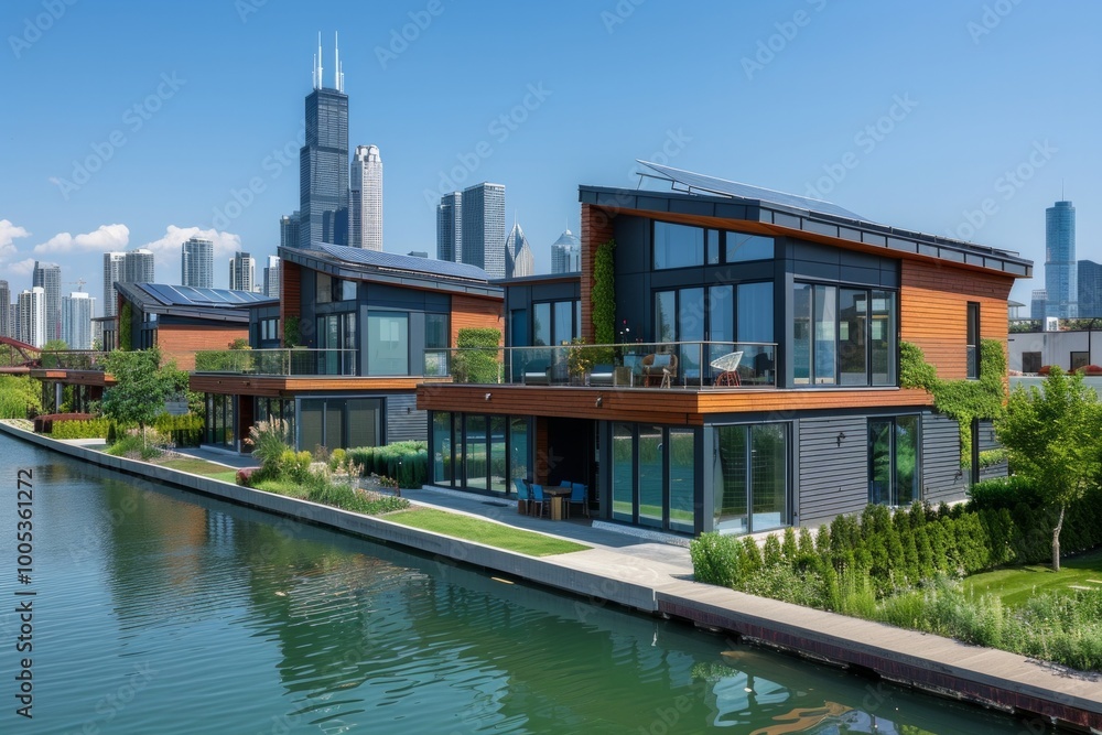 Modern waterfront homes with solar panels on the roof and lush greenery. AI generative. . Modern waterfront homes with solar panels on the roof and lush greenery. AI generative. .
