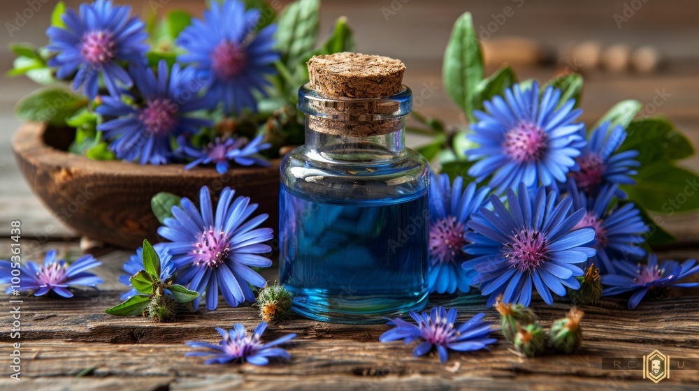 Blue flower petals surround a bottle of blue liquid on a wooden surface. AI generative. . Blue flower petals surround a bottle of blue liquid on a wooden surface. AI generative. .