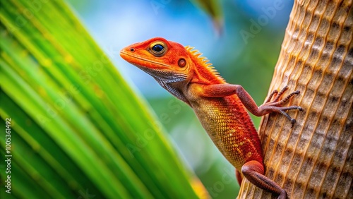 Red-headed Indian Garden Lizard perched on Manila palm tree from high angle photo