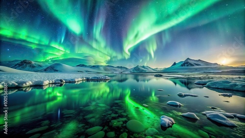 Wallpaper Mural Reflcted green aurora borealis polar lights over ice and snow landscape Torontodigital.ca