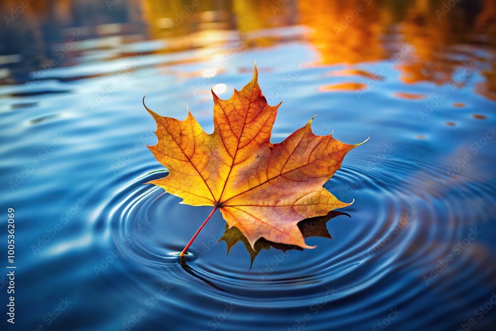 Reflected autumn maple leaf floating on water surface with ripples Reflected autumn maple leaf floating on water surface with ripples