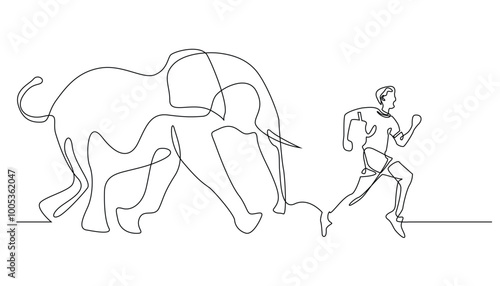 continuous line of people running after an elephant.vector single line of a man running from an angry elephant.angry elephant chasing a man in one line drawing.isolated white background