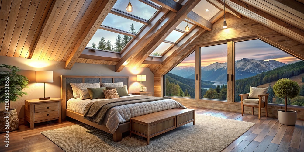 Reflected cozy attic bedroom with skylights and soft lighting in a mountain retreat Reflected cozy attic bedroom with skylights and soft lighting in a mountain retreat