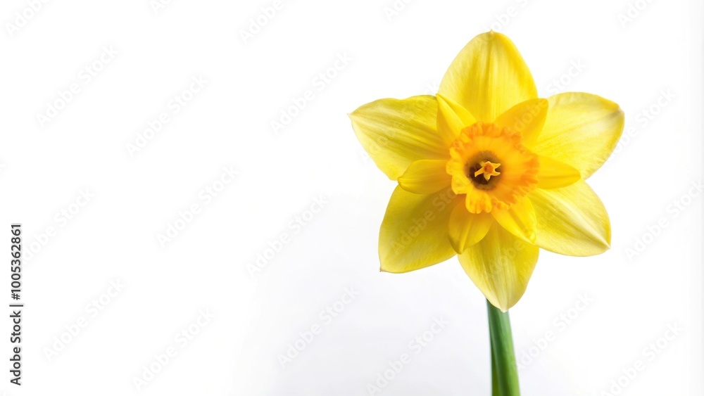 Reflected daffodil flower on white backdrop with copy space