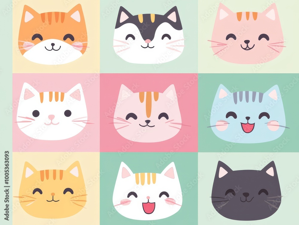 2408 102.A collection of cartoon cat faces in square silhouettes, featuring various fur colors and cute details like pink ears, tiny tongues, and round eyes. The cats have simple, flat designs in a 2408 102.A collection of cartoon cat faces in square silhouettes, featuring various fur colors and cute details like pink ears, tiny tongues, and round eyes. The cats have simple, flat designs in a