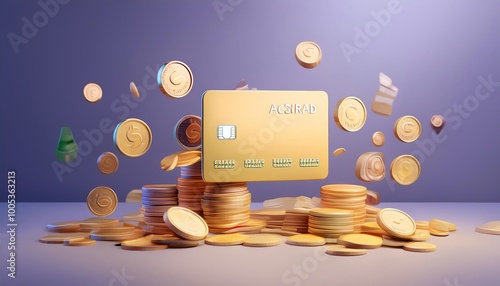 A golden credit card surrounded by flying coins, symbolizing wealth and financial growth on a purple backdrop. photo