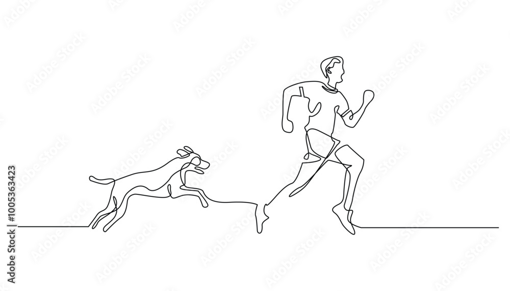 continuous line of people running in pursuit of dogs.vector single line ...