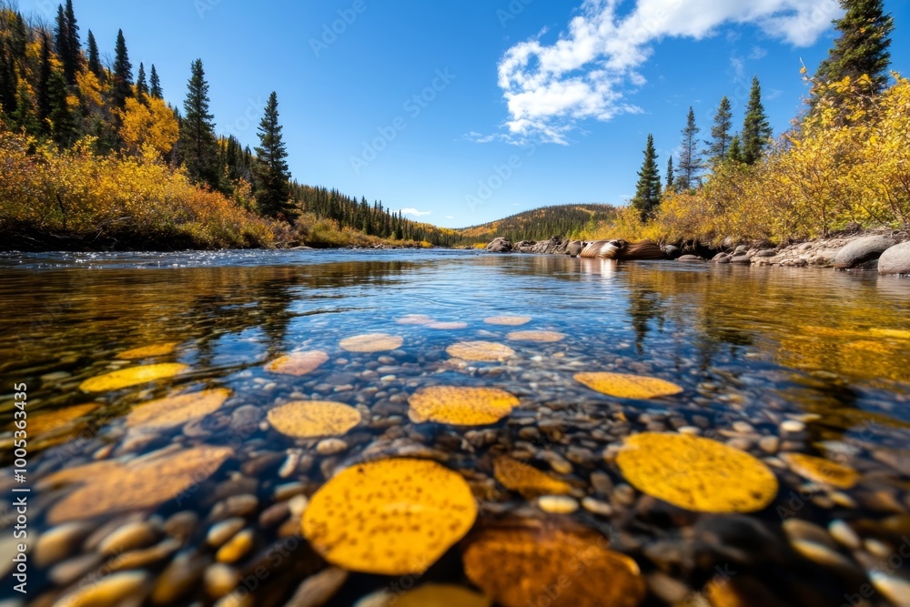 Obraz premium A river ecosystem flowing through a forest, where beavers, fish, and water plants create a dynamic aquatic environment.